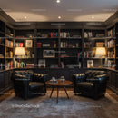 Cozy reading nook with leather chairs and warm lighting