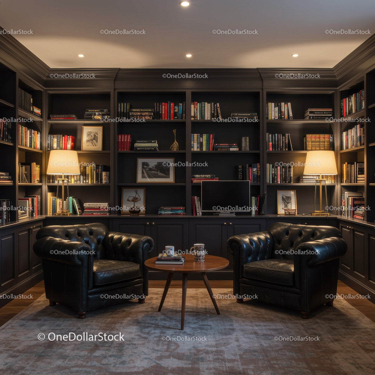 Cozy reading nook with leather chairs and warm lighting