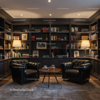 Cozy reading nook with leather chairs and warm lighting