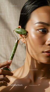 Close-Up of Woman Using Jade Roller for Facial Skincare