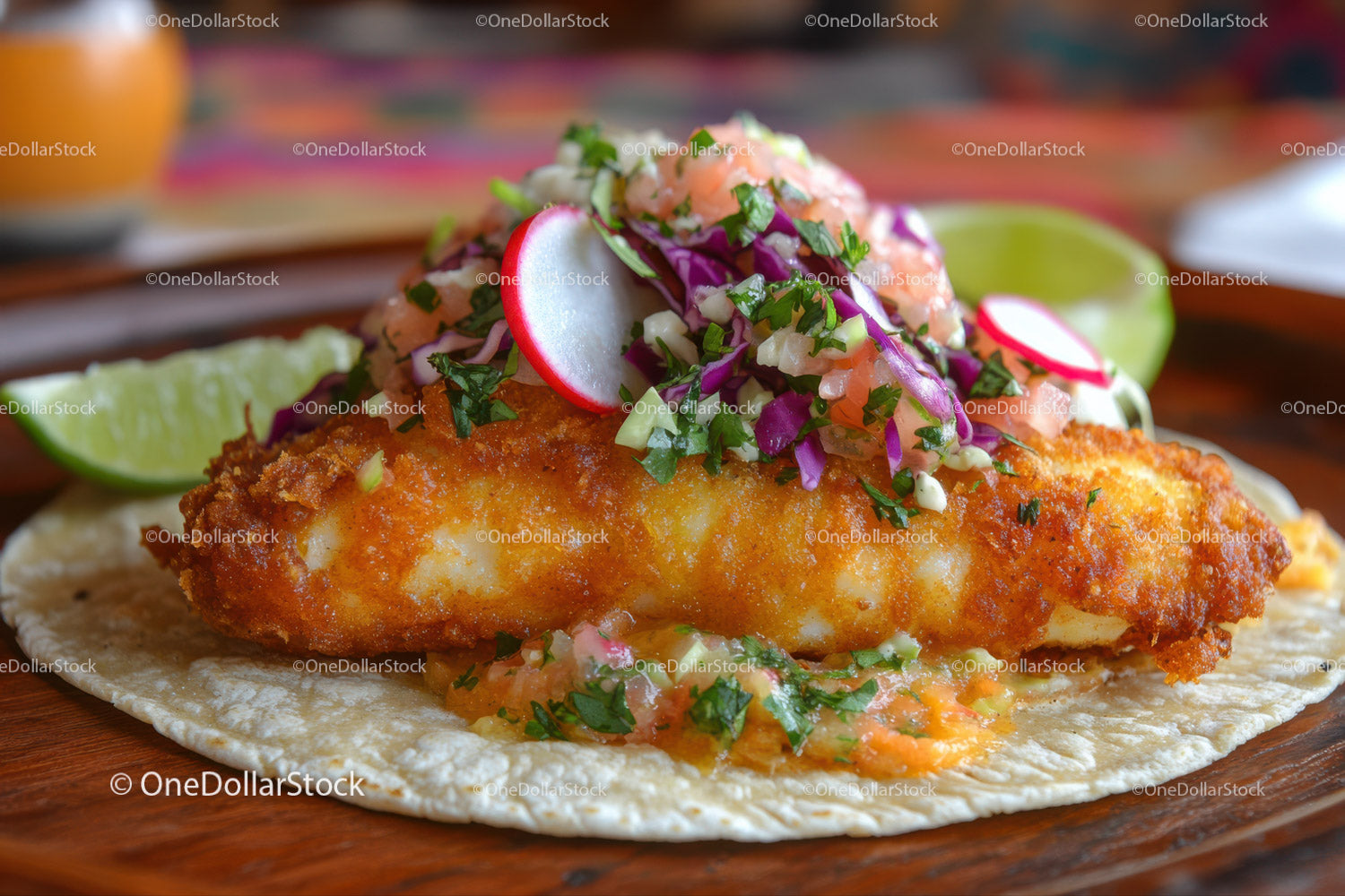 Crispy Fish Taco with Fresh Salsa and Lime Wedges