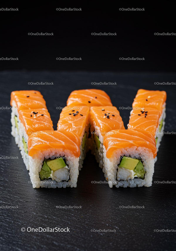 Fresh salmon avocado sushi rolls arranged in letter W