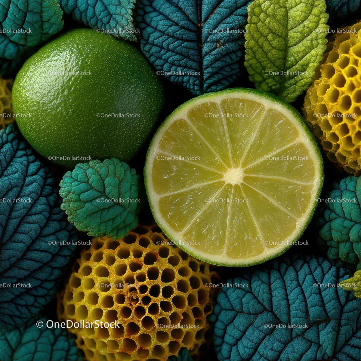 Vibrant Citrus and Textured Leaves Composition