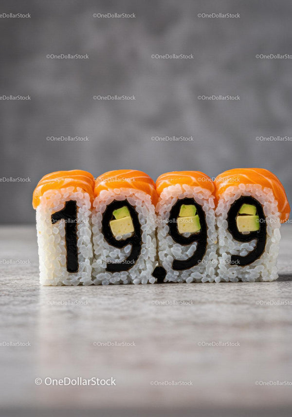 Sushi Rolls Arranged as 19,99 Price on Grey Surface