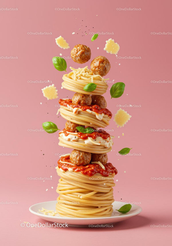 Stacked spaghetti with meatballs and fresh basil leaves