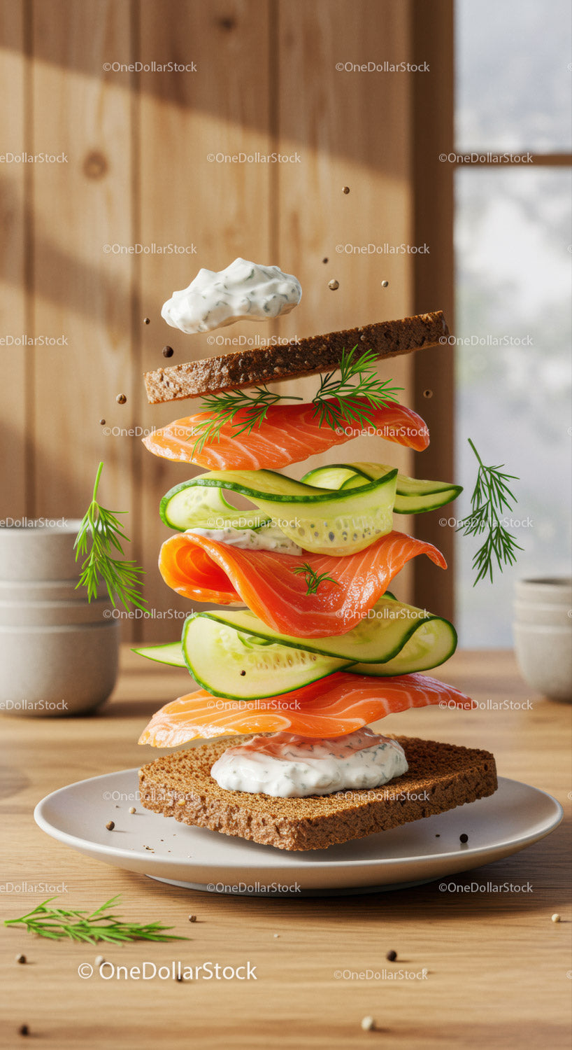 Deconstructed salmon sandwich with fresh dill and cucumber
