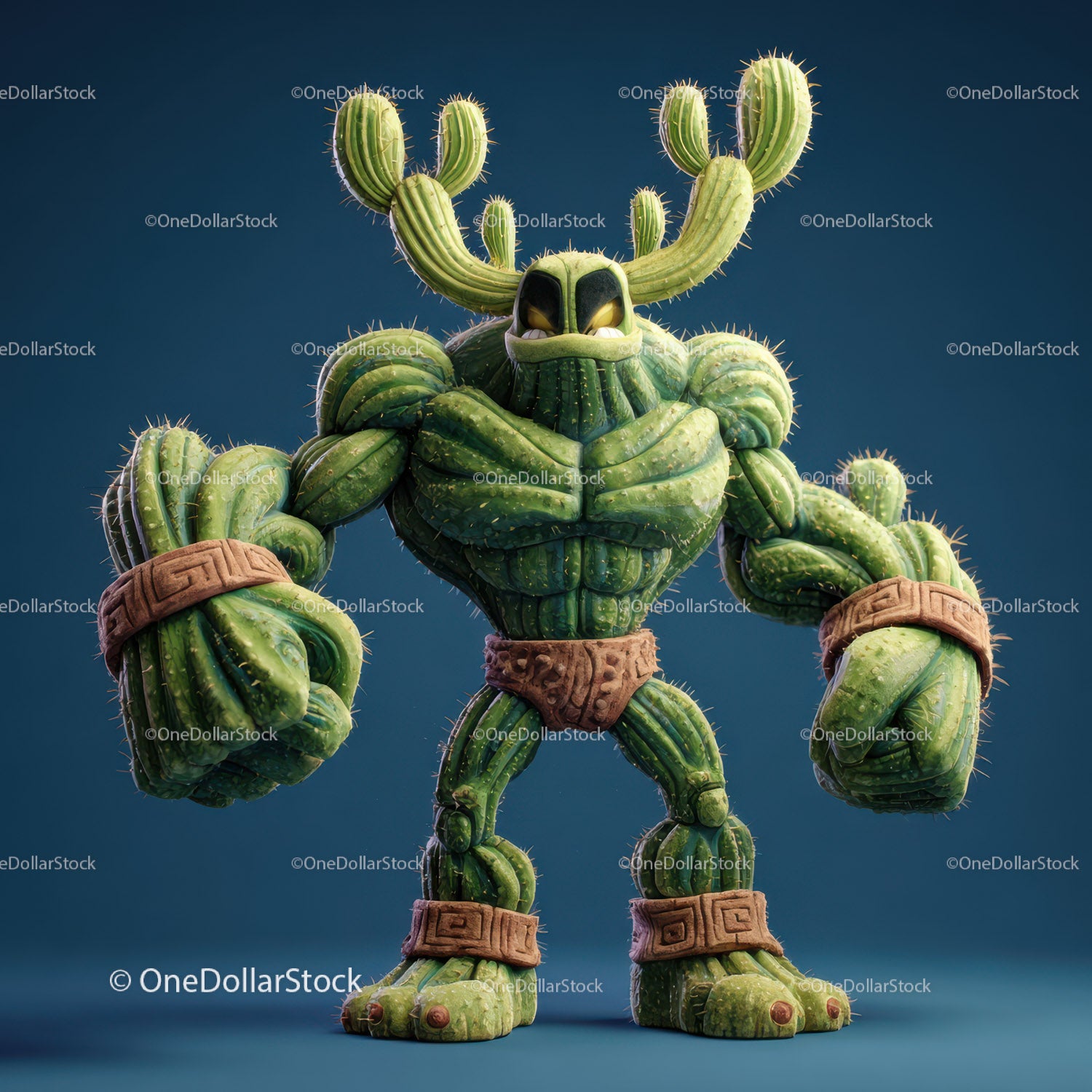 Vibrant Green Anthropomorphic Cactus Character with Muscular Build