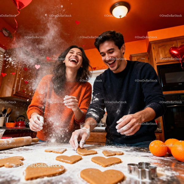 Couple Baking Heart-Shaped Cookies in Cozy Kitchen