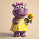 Cute Purple Hippo Wearing Yellow Polka Dot Dress Holding Sunflower