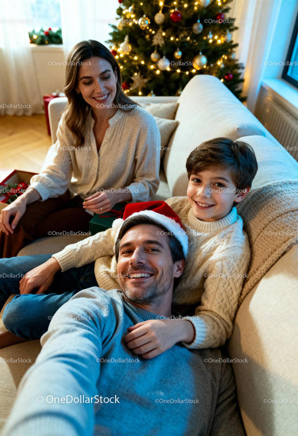 Szczęśliwa Rodzina Robi Świąteczne Selfie na Przytulnej Sofie