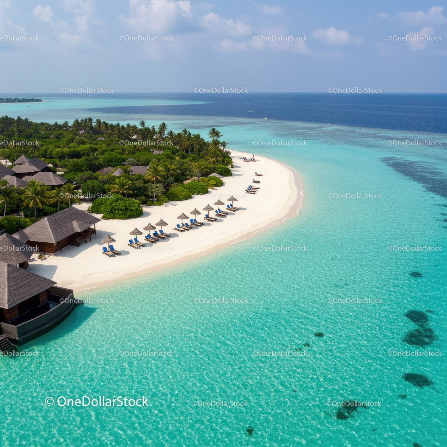 Tropical Beach with Overwater Bungalows and Lounge Chairs
