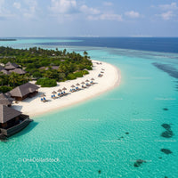 Tropical Beach with Overwater Bungalows and Lounge Chairs