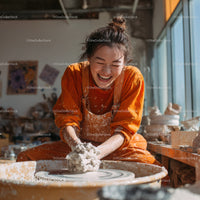 Joyful Woman Creating Handmade Pottery in Artistic Studio