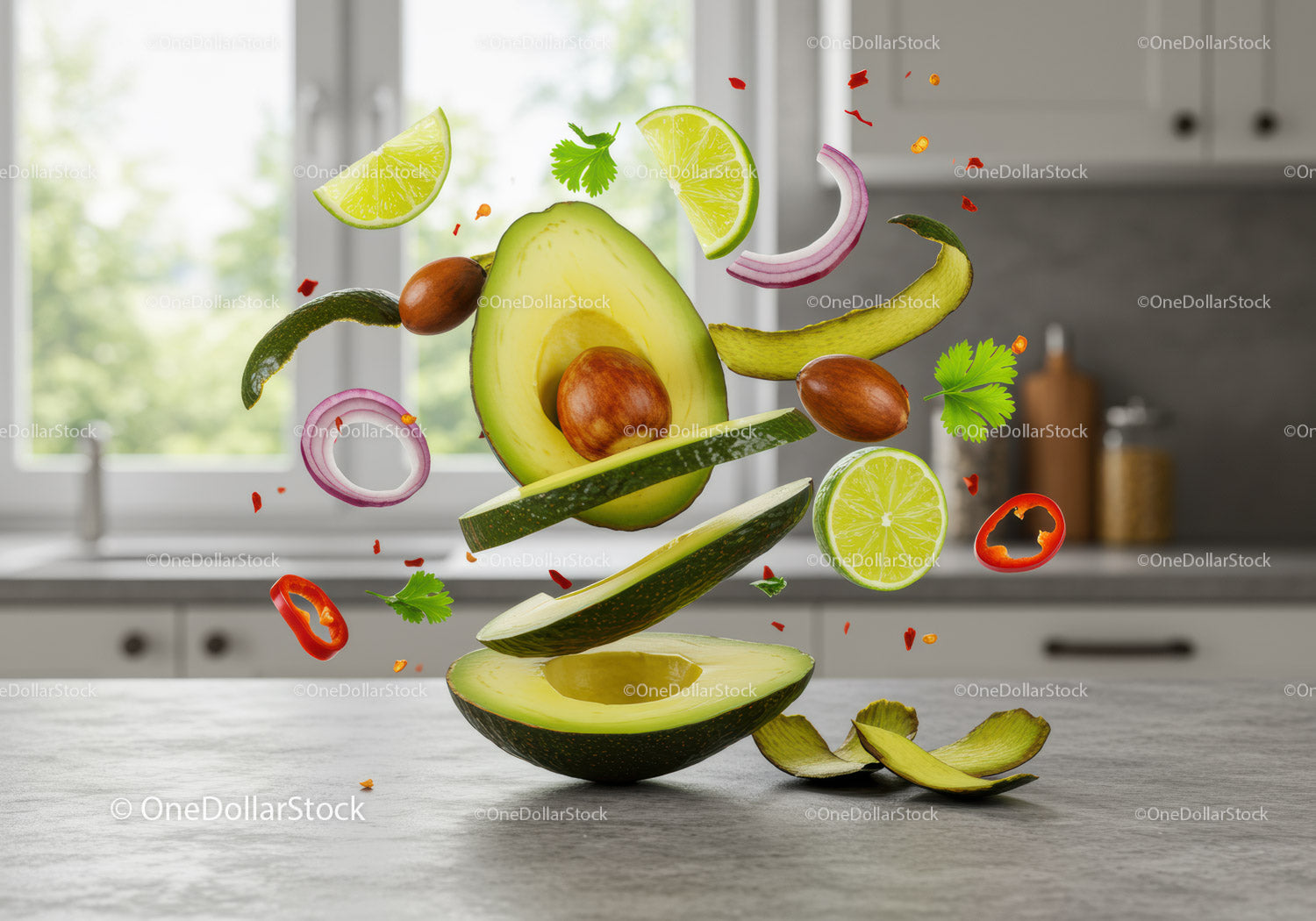 Fresh avocado and lime slices with vibrant vegetables
