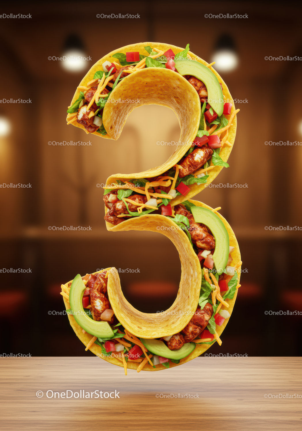 Number Three Made of Tacos with Fresh Ingredients