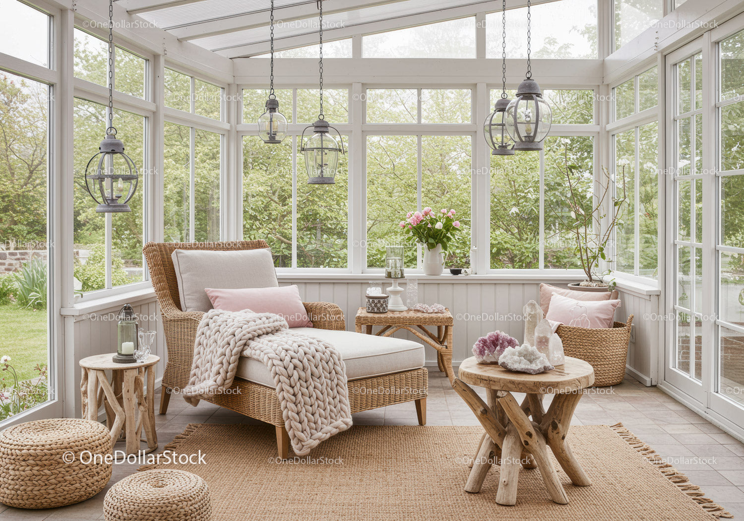 Cozy sunroom with wicker furniture and natural decor