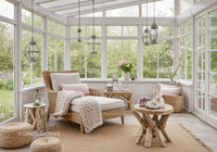Cozy sunroom with wicker furniture and natural decor
