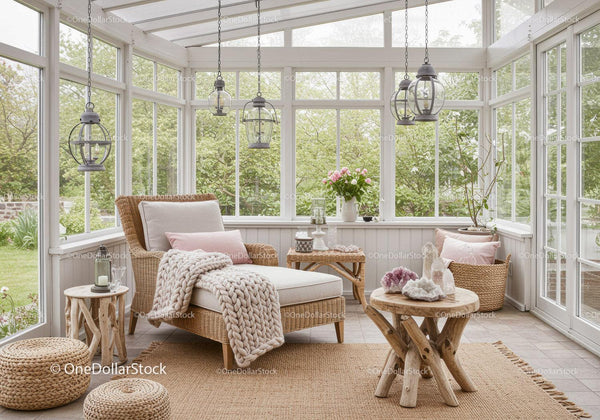 Cozy sunroom with wicker furniture and natural decor