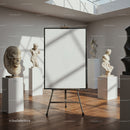 Empty canvas in sunlit sculpture gallery space