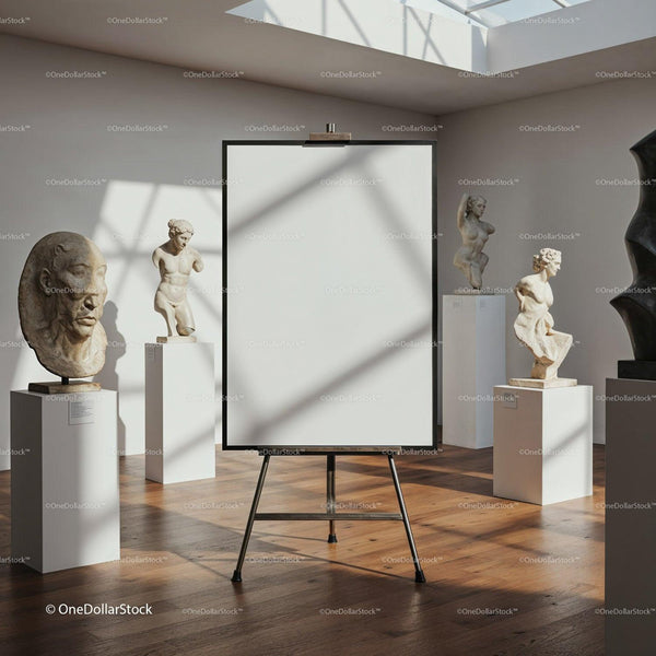 Empty canvas in sunlit sculpture gallery space JPG Mockup Image