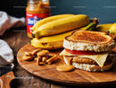 Ripe Banana and Peanut Butter Sandwich on Wooden Cutting Board