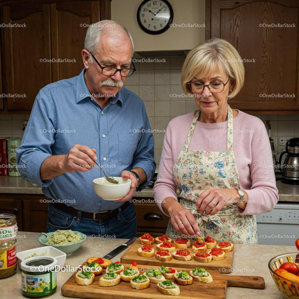 Senior couple preparing fresh appetizers in cozy kitchen