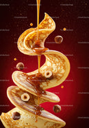 Golden pancakes spiraling with syrup and scattered hazelnuts