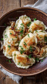 Delicious Fried Potstickers with Soy-Glazed Onion Garnish in a Rustic Bowl