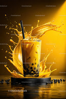 Vibrant Splash of Yellow Bubble Tea with Black Tapioca Pearls