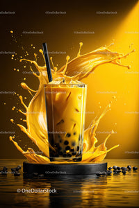 Vibrant Splash of Yellow Bubble Tea with Black Tapioca Pearls