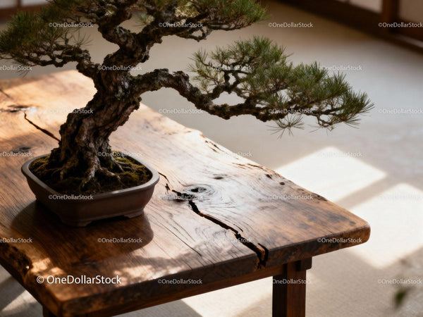 Drzewko bonsai na teksturowanym drewnianym stole w miękkim świetle