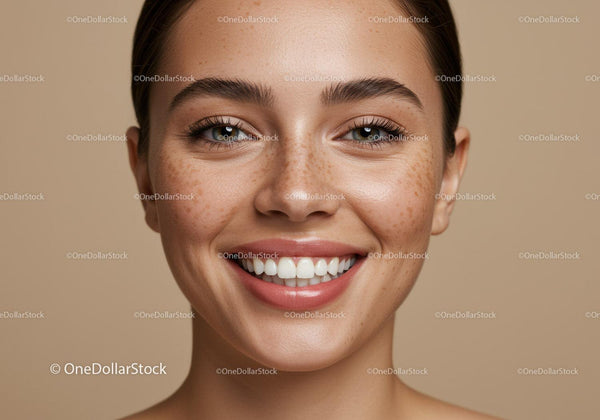 Close up of happy woman with natural freckles and smile