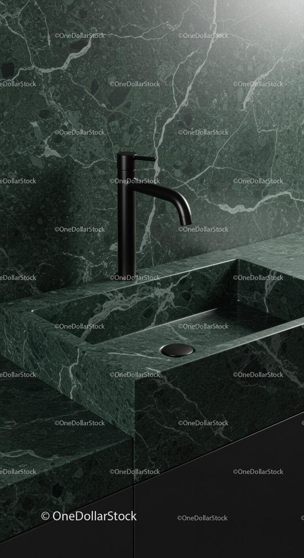 Luxury Green Marble Sink with Black Modern Faucet in Elegant Interior