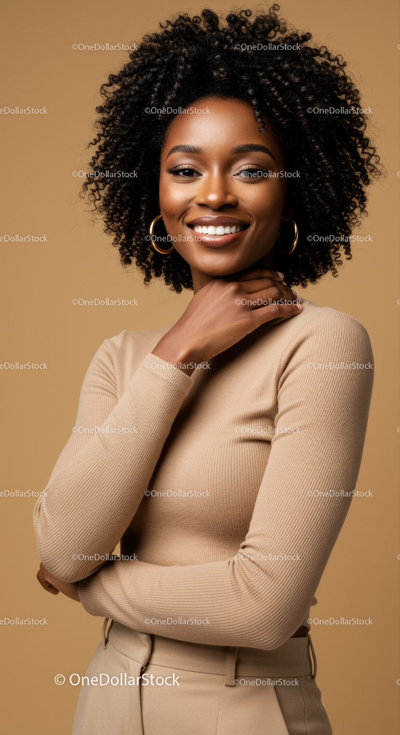 Elegant African American Woman with Curly Hair in Beige Outfit