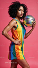 Vibrant Fashion Model Holding Basketball in Colorful Dress