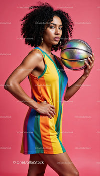 Vibrant Fashion Model Holding Basketball in Colorful Dress