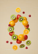 Assorted fresh fruits forming a dynamic circle on beige