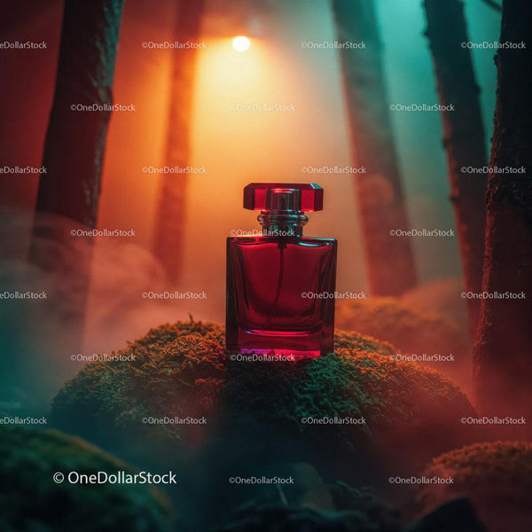 Elegant Deep Red Perfume Bottle on Moss with Colorful Lighting JPG Mockup Image