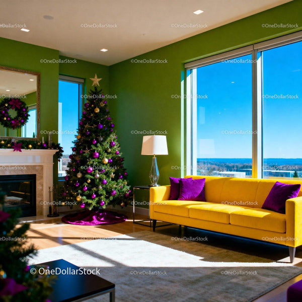 Modern Living Room with Vibrant Christmas Decor and Natural Light