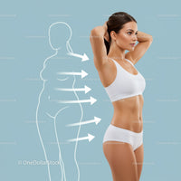 Healthy Woman with Toned Physique in Fitness Attire Against Blue Background