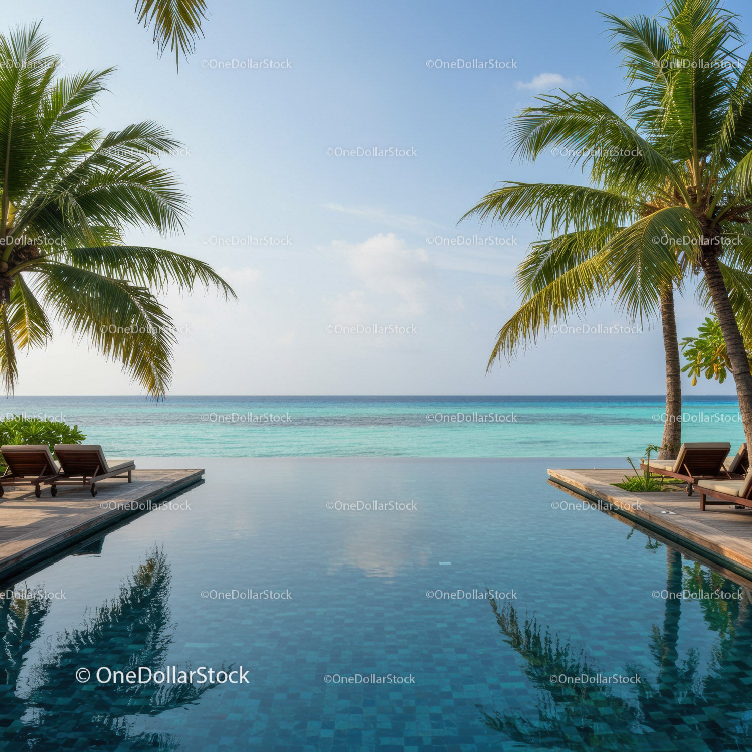 Luxurious Poolside Scene with Palm Trees and Ocean View