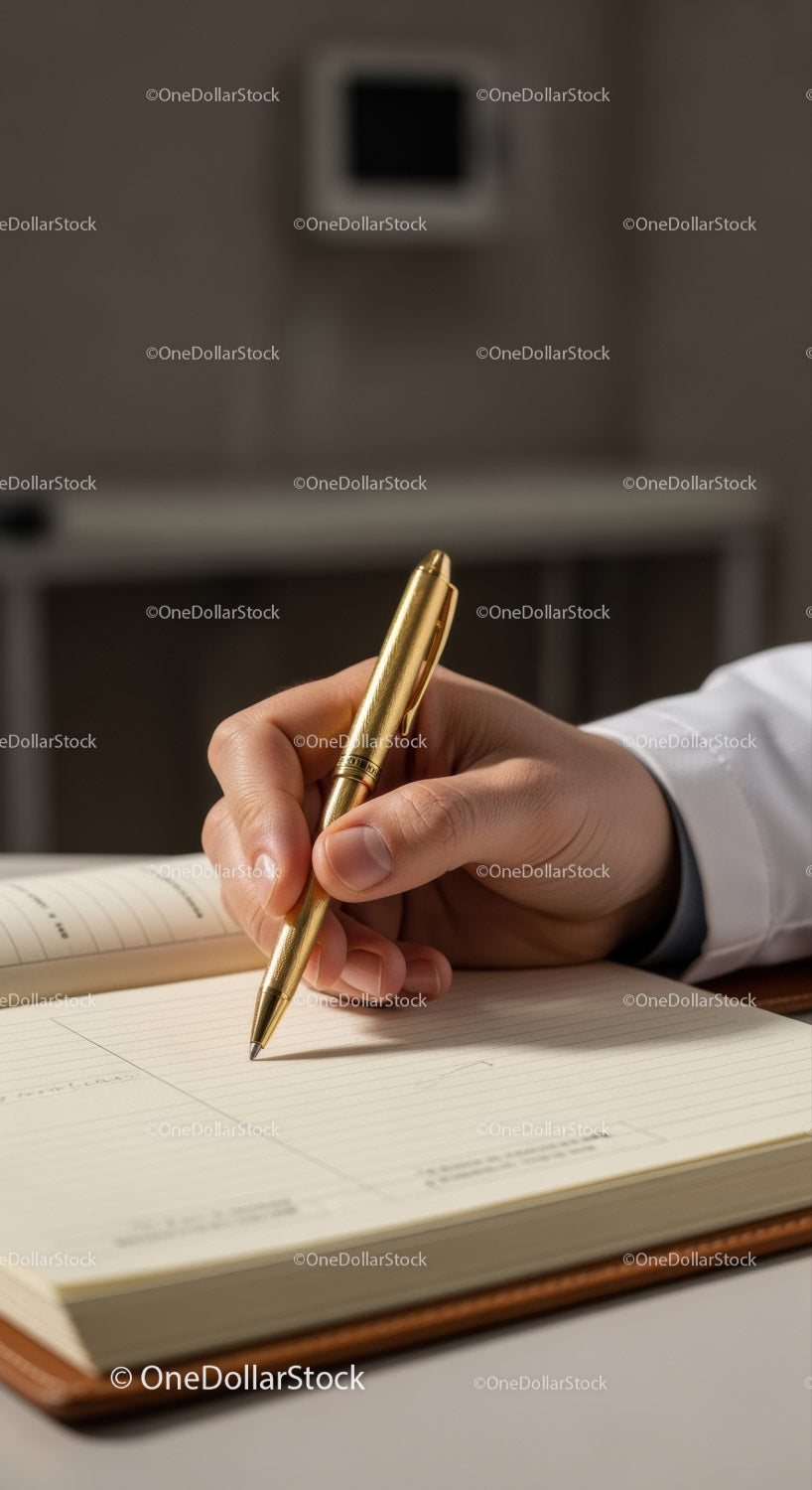 Professional Business Person Writing in Diary with Gold Pen