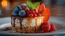 Creamy Berry Cheesecake with Fresh Fruit and Caramel Drizzle