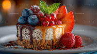 Creamy Berry Cheesecake with Fresh Fruit and Caramel Drizzle