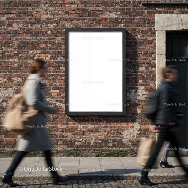 Pedestrians walking past blank poster on brick wall JPG Mockup Image