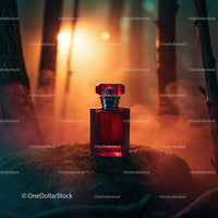 Red Perfume Bottle in Mystical Forest Scene with Sunset Light