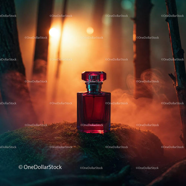 Red Perfume Bottle in Mystical Forest Scene with Sunset Light JPG Mockup Image
