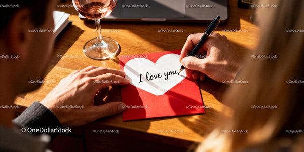 Couple Writing Heartfelt Love Note on Wooden Table