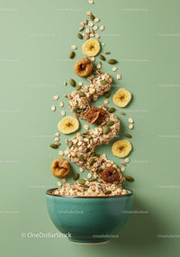 Healthy cereal and dried fruits spilling from green bowl
