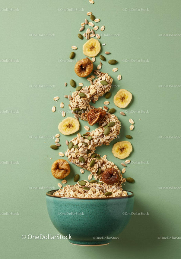 Healthy cereal and dried fruits spilling from green bowl